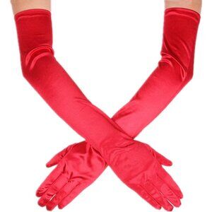 Women's Red Evening Long Satin Finger Gloves Halloween Wedding Party Prom